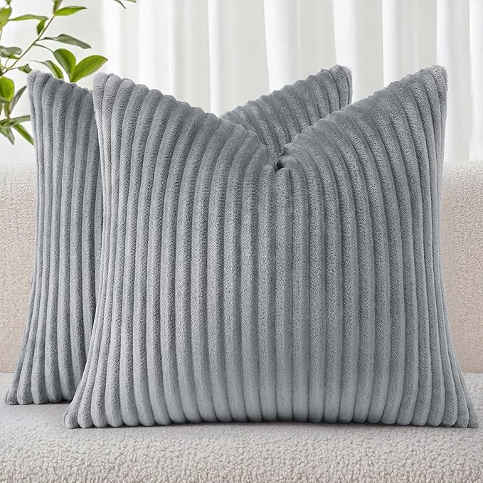 Simmore Decorative Fall Throw Pillow Covers 16x16 Set of 2, Soft Natural Plush Flannel Double-Sided Fluffy Couch Pillow Covers for Sofa Living Room, Grey