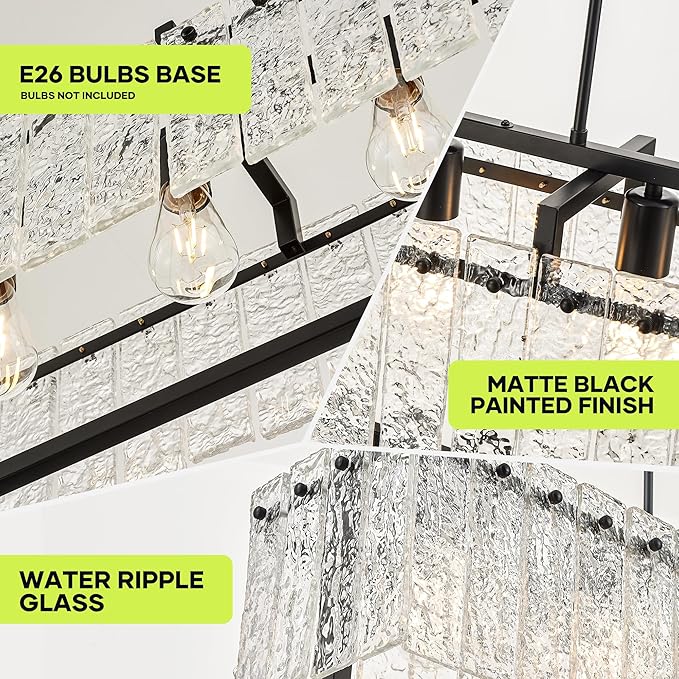 Modern Rectangle Black Crystal Chandeliers for Dining Room, 6 Lights 44" Large Rectangular Water Ripple Glass Kitchen Island Light Fixture, Linear Farmhouse Pendant Light Fixture Over Table