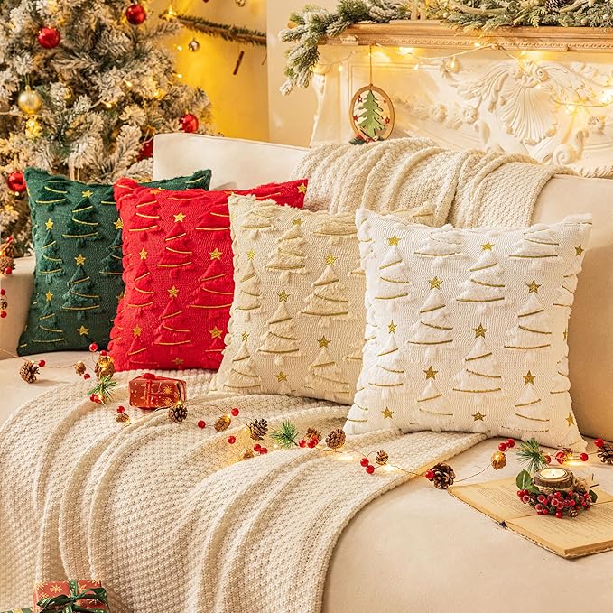 AQOTHES Christmas Tree Decorative White Throw Pillow Covers 18x18 Set of 2, Faux Fur Farmhouse Throw Pillows Cushion Cases for Xmas Winter Holiday Home Decor