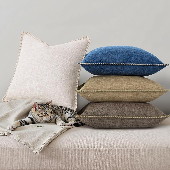 decorUhome Decorative Outdoor Throw Pillow Covers 22x22 Set of 2, Square Linen Rustic Neutral Farmhouse Euro Pillow Covers with Stitched Edge for Couch, Sofa, Living Room, Dark Blue