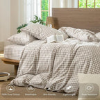 MooMee Gingham Duvet Cover Set 100% Washed Cotton Linen Like Textured Breathable Durable Soft Comfy Modern Checkered Design (Tannish Linen Grey Gingham, Twin 68"x90")