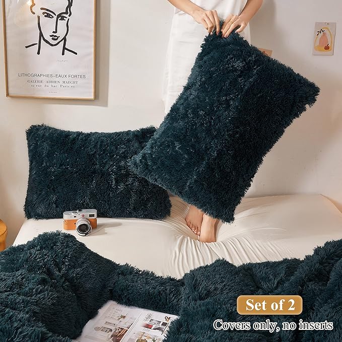 XeGe Faux Fur Throw Pillow Cases, Plush Shaggy Ultra Soft Pillow Covers, Fluffy Crystal Velvet Decorative Pillowcases, Furry Fuzzy Pillow Shams Zipper Closure, Set of 2 (King, Dark Green)