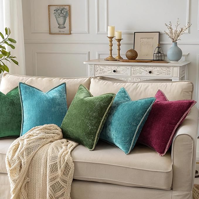 decorUhome Christmas Chenille Soft Throw Pillow Covers 24x24 Set of 2, Farmhouse Velvet Neutral Decorative Euro Pillow Covers with Stitched Edge for Couch Sofa Bed Home Decor, Green