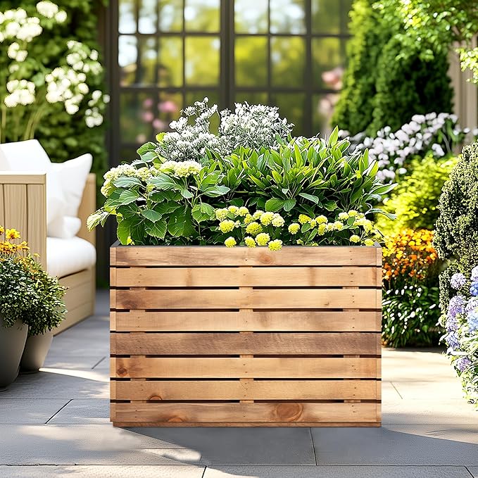FENCY Large Metal Planter, Large Rectangular Planters for Outdoor Plants, Tall Outdoor Planters for Porch Patio, 35.4″ × 9.1″ × 25.6″ H Walnut Finish Metal Planter with Drainage Hole