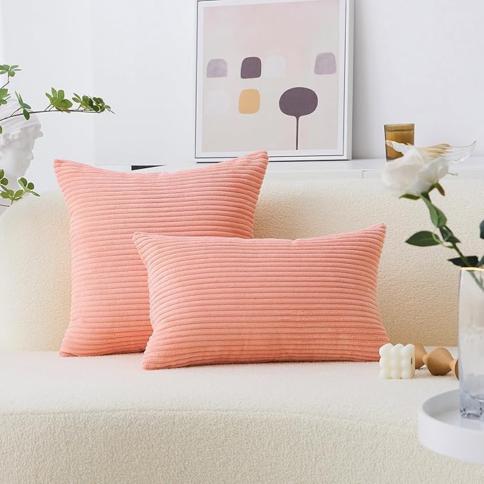 Home Brilliant Pink Euro Shams 26x26 Pillow Covers Set of 2 Striped Velvet Supersoft Pillow Covers for Girl Dorm Sofa, 26 x 26 inch, Coral