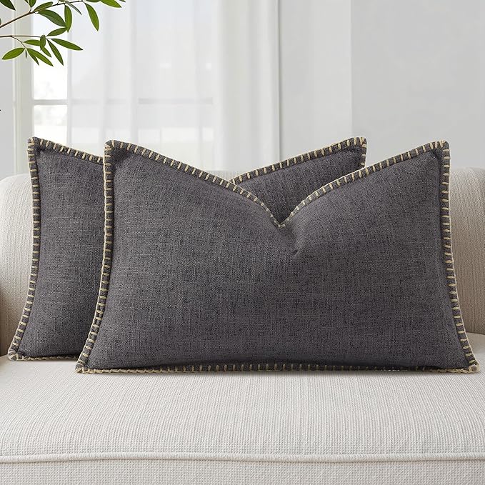 decorUhome Decorative Outdoor Throw Pillow Covers 12x20 Set of 2, Lumbar Linen Farmhouse Euro Pillow Covers with Stitched Edge, Rustic Neutral Pillow Covers for Couch, Sofa, Living Room, Dark Grey