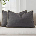 decorUhome Decorative Outdoor Throw Pillow Covers 12x20 Set of 2, Lumbar Linen Farmhouse Euro Pillow Covers with Stitched Edge, Rustic Neutral Pillow Covers for Couch, Sofa, Living Room, Dark Grey