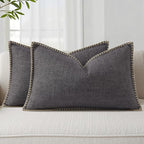decorUhome Decorative Outdoor Throw Pillow Covers 12x20 Set of 2, Lumbar Linen Farmhouse Euro Pillow Covers with Stitched Edge, Rustic Neutral Pillow Covers for Couch, Sofa, Living Room, Dark Grey