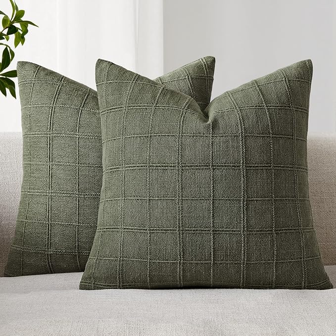 Woaboy Linen Check Throw Pillow Covers Set of 2 - Olive Green Farmhouse Modern Boho Vintage Christmas Decorative Cushion Covers for Sofa Couch Bedroom Living Room Decor 20x20 Inch