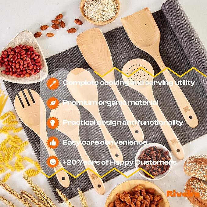 Riveira Maple Wooden Cooking Utensils Set of 6 Premium Quality Non-Toxic Wooden Spoons and Spatula for Cooking