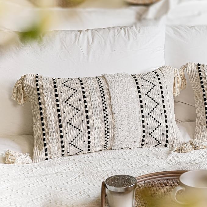 BlissBlush Decorative Lumbar Throw Pillow Cover 12x20 Rectangular Boho Accent Pillowcase Black Neutral White Farmhouse Cushion for Couch Sofa Bedroom Living Home Décor (Cover ONLY, Pack of 1)