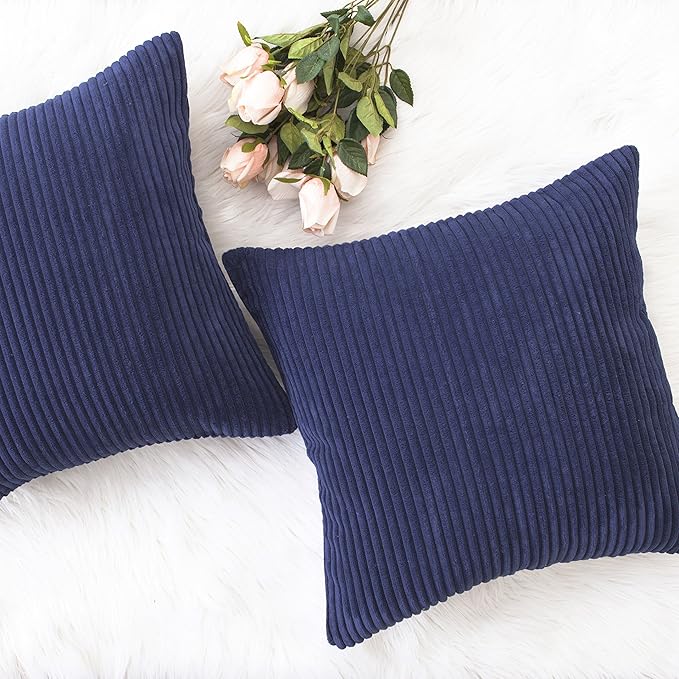 Home Brilliant Decoration Pillow Covers for Decoration Solid Soft Striped Velvet Corduroy Plush Set of 2 Throw Cushion Cover for Square Pillows, 50cm, 20 x 20 Inch, Navy Blue