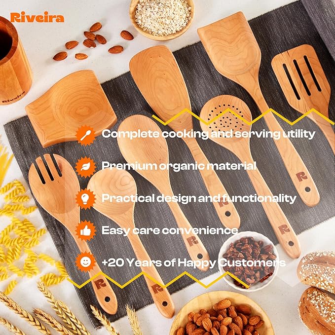 Riveira Cherry Wooden Cooking Utensils Set of 9 Premium Quality, Non-Toxic, Heat-Resistant Wooden Spoons and Spatulas for All Cookware