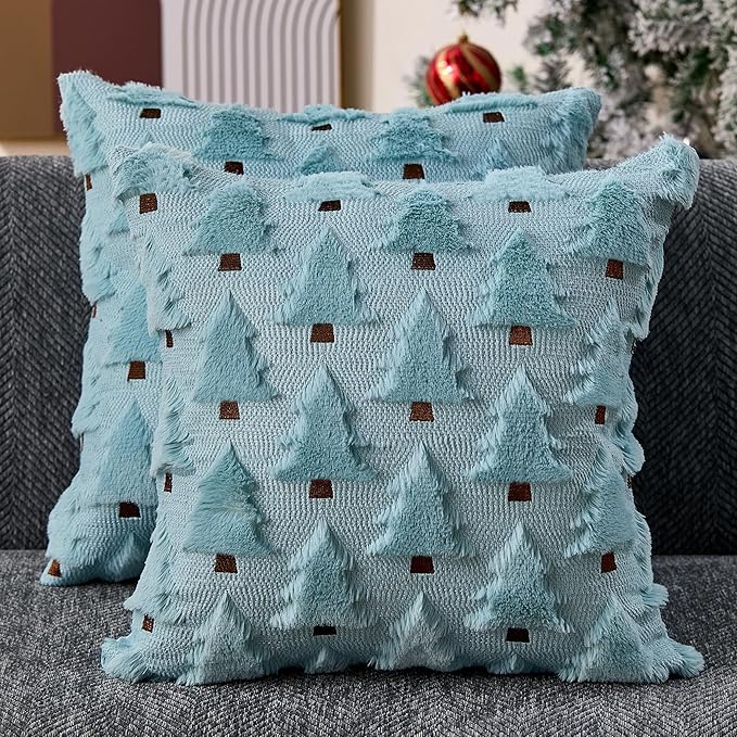 Christmas Pillow Covers 20x20 inch Set of 2 Blue Christmas Decorations Soft Plush Faux Fur Wool Xmas Tree Throw Pillow Cases Winter Holiday Decor for Sofa Living Room PT002F20