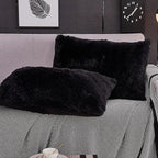 WERDIM Shaggy Fluffy Faux Fur Pillowcases 2 Pack Button Closure Velvet Pillow Shams Standard/Queen Size (Black, 20 X 26 Inches)