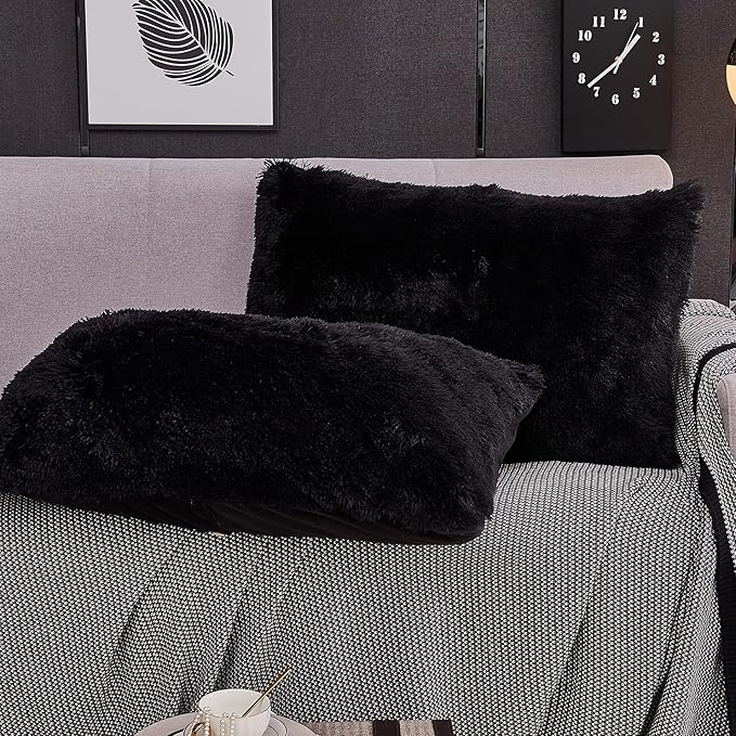 WERDIM Shaggy Fluffy Faux Fur Pillowcases 2 Pack Button Closure Velvet Pillow Shams Standard/Queen Size (Black, 20 X 26 Inches)
