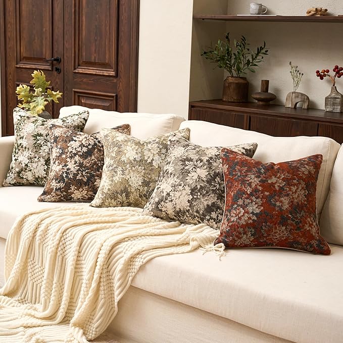 Yangest Neutral Floral Pillow Cover 20 x 20 Inches, Vintage Chenille Square Throw Pillow Cover Soft Decorative Farmhouse Accent Couch Pillow Cover for Living Room Bedroom, Beige