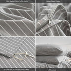 MooMee Striped Duvet Cover Set 100% Washed Cotton Linen Like Textured Breathable Durable Soft Comfy (Light Grey White Wide Stripes, King 104"x90")