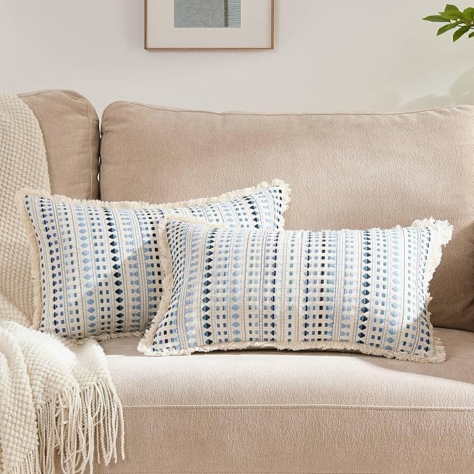 Decorative Pillow Covers Set of 2, Boho Farmhouse Couch Throw Pillows with Tassels, Textured Small Dot Pattern Cushion Cases for Sofa Living Room Home Decor (Blue, 12" x 20" (Pack of 2))
