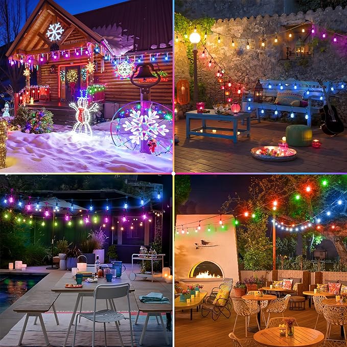 100FT(2x50FT) RGB Solar Outdoor String Lights with Remote, Multicolor&Warm White Dimmable Waterproof Patio Lights with 30 LED S14 Bulbs-Black