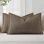 decorUhome Decorative Outdoor Throw Pillow Covers 12x20 Set of 2, Lumbar Linen Farmhouse Euro Pillow Covers with Stitched Edge, Rustic Neutral Pillow Covers for Couch, Sofa, Living Room, Chocolate