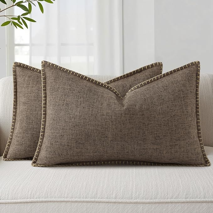 decorUhome Decorative Outdoor Throw Pillow Covers 12x20 Set of 2, Lumbar Linen Farmhouse Euro Pillow Covers with Stitched Edge, Rustic Neutral Pillow Covers for Couch, Sofa, Living Room, Chocolate