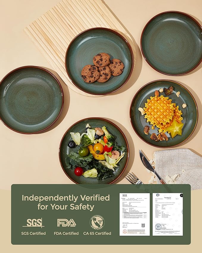 Stoneware Dessert Pates 8 Inch, Microwave Safe Plates, Reactive Glaze Small Dinner Plate, Scratch Resistant and Dishwasher Safe, Brown Green