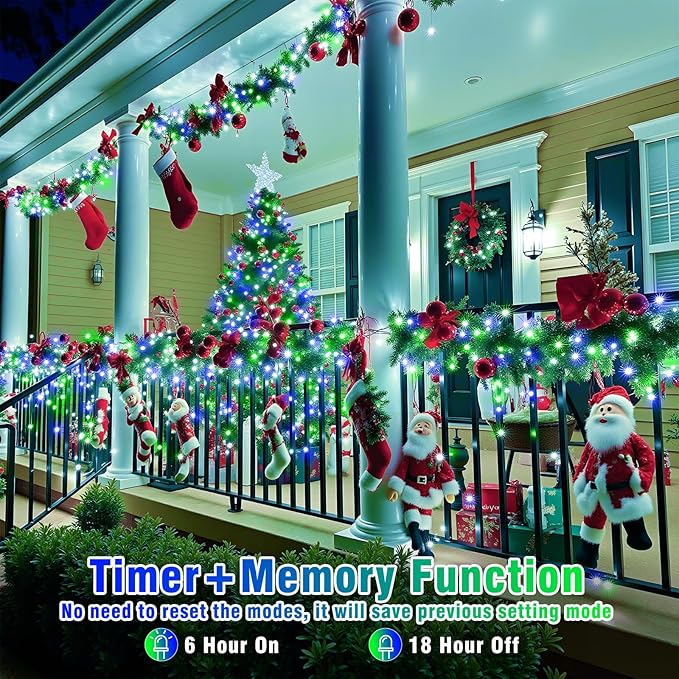 300 LED Christmas Lights Outdoor 100FT Connectable String Lights Indoor 8 Modes Clear Wire Plug in Waterproof Twinkle Fairy Lights for Bedroom Christmas Tree Party Decorations, Blue&Green