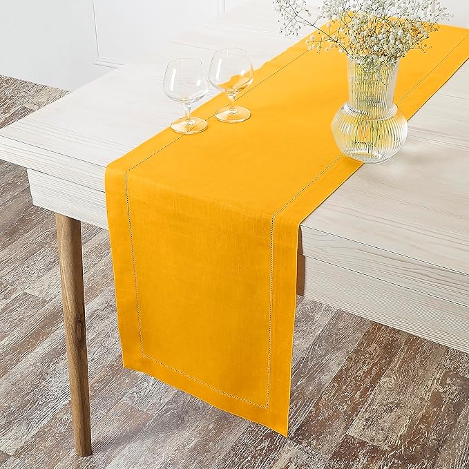 D'Moksha Homes Linen Sunflower Yellow Table Runner 120 Inches Long - 100% Pure Linen Hemstitch 14 x 120 Inch Table Runner for Dining, Fall, Autumn and Halloween - Classic Hemstitch
