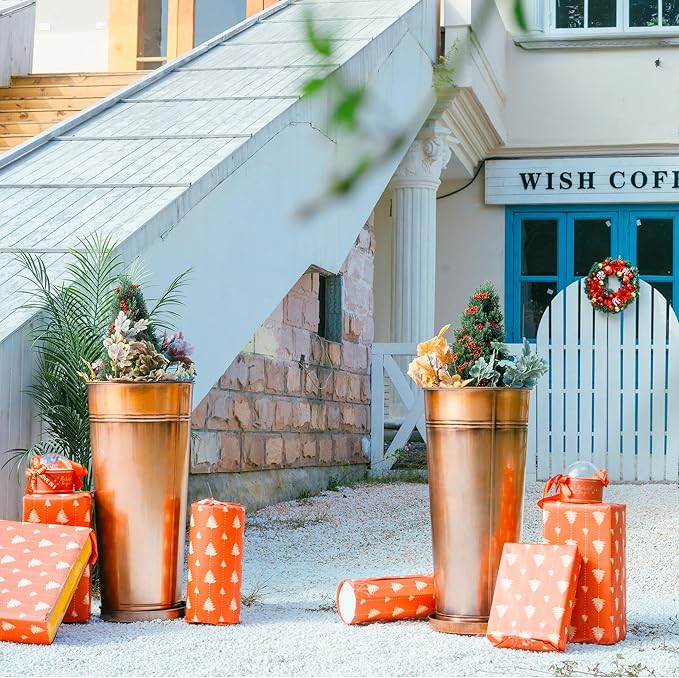 28in Tall Copper Planters Set of 2,Galvanized Steel Tall Outdoor Planter for porches/Indoor/terraces Patio- Copper Color(2planters,2inner pots with Holes, 2trays)