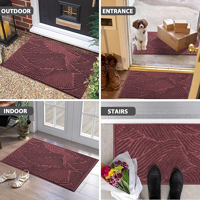 Yimobra Large Door Mat 36x24, All-Weather Waterproof Art Line Outdoor Mats for Front Door, Heavy Duty Non-Slip Welcome Matt for Garage Patio Proch Entryway Indoor, Wine