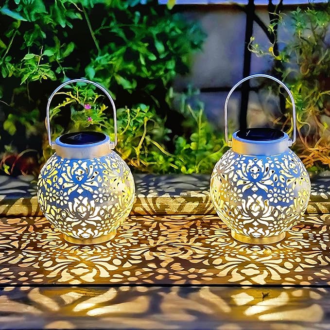 Outdoor Solar Hanging Lantern Lights Metal LED Decorative Lamp for Garden Patio Courtyard Lawn and Table with Hollowed-Out Design (White)