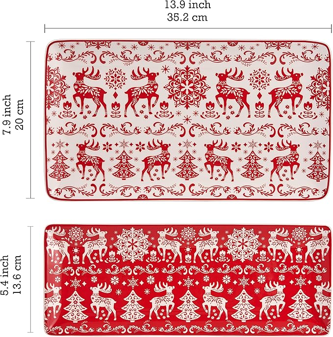 Bico Holly Jolly Ceramic 14 inch Rectangular Serving Platter, Set of 2, for Serving Salad, Pasta, Cheese, Ham, Appetizer, Microwave & Dishwasher Safe