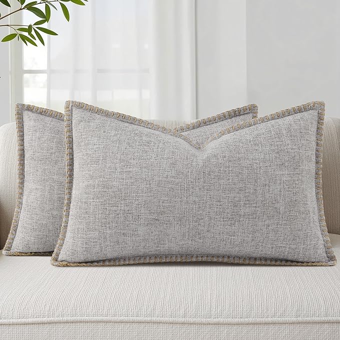 decorUhome Decorative Outdoor Throw Pillow Covers 12x20 Set of 2, Lumbar Linen Rustic Neutral Farmhouse Euro Pillow Covers with Stitched Edge for Couch, Sofa, Living Room, Light Grey