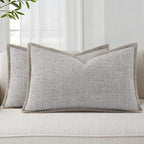 decorUhome Decorative Outdoor Throw Pillow Covers 12x20 Set of 2, Lumbar Linen Rustic Neutral Farmhouse Euro Pillow Covers with Stitched Edge for Couch, Sofa, Living Room, Light Grey