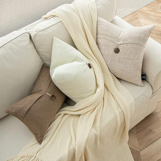 Phantoscope Pack of 2 Farmhouse Throw Pillow Covers Premium Coconut Button Vintage Linen Solid Decorative Pillow Cover for Couch Bed and Chair Coffee 18 x 18 inches 45 x 45 cm