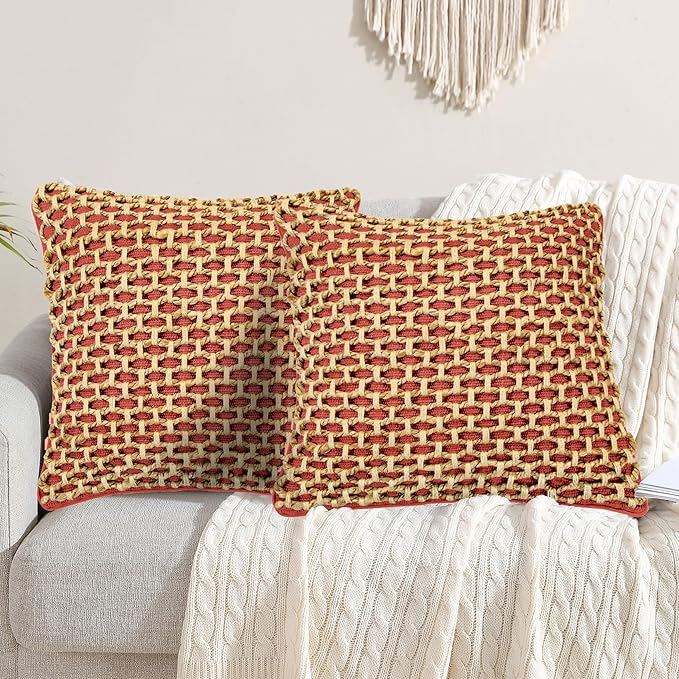 Boho Living Jada Premium Woven Design, Living Room Décor, Decorative Throw, (2) 18" x 18" Pillow Covers, Rust 2 Count