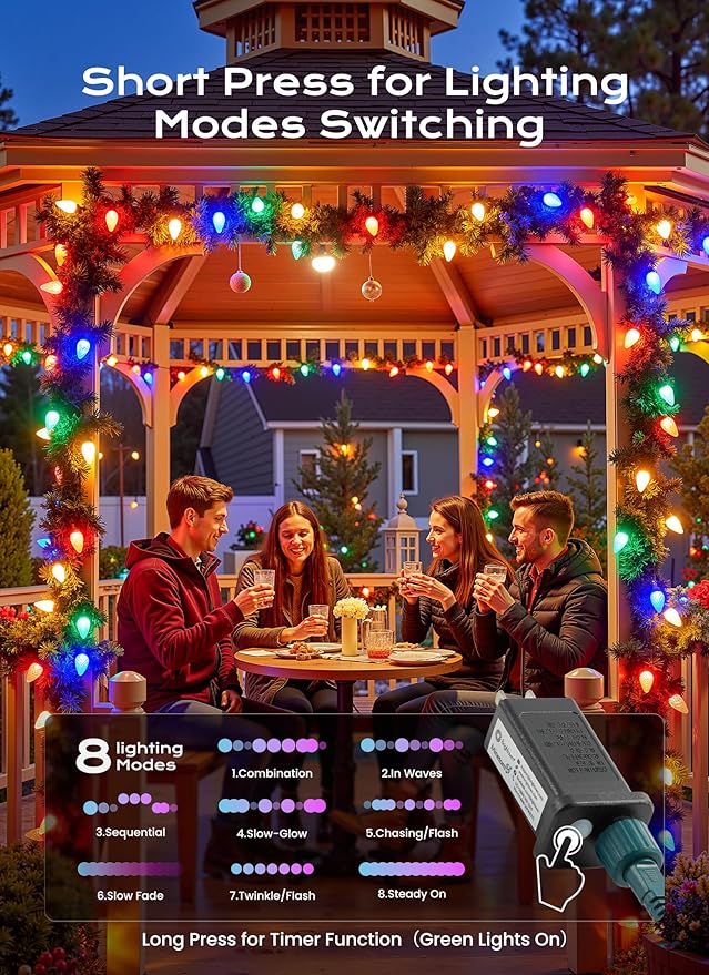 C9 Christmas Lights Outdoor, 100 FT 150 LED Connectable C9 String Lights with 8 Modes and Timer Extendable Xmas Tree Patio Roofline Garden Yard Holiday Party Indoor Outdoor Decoration, Multicolor