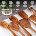 Zulay Kitchen Teak Wood Utensil Set – 7 Piece Wooden Cooking Utensils – Slotted Spoon, Bowl Scraper, Solid & Slotted Turner, Salad Spoon, Fork & Tongs – Durable, Nonstick Safe & Smooth Finish