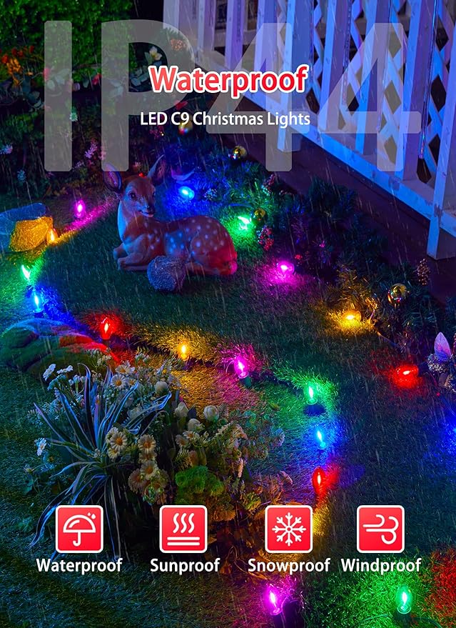 Vintage C9 LED Christmas Lights Outdoor - 50 Feet String with 50 Colored Bulbs, Waterproof Connectable Lights for Holiday Party Roofline, Backyard, Garden, Patio, Green Wire