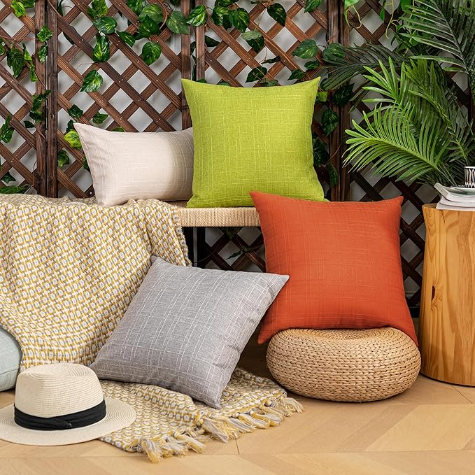 Kevin Textile Fall Outdoor Waterproof Throw Pillow Covers Decorative Farmhouse Water Resistant Checkered Cushion Covers for Tent Patio Garden Couch Sofa Pack of 2 (24x24 Inch Orange)