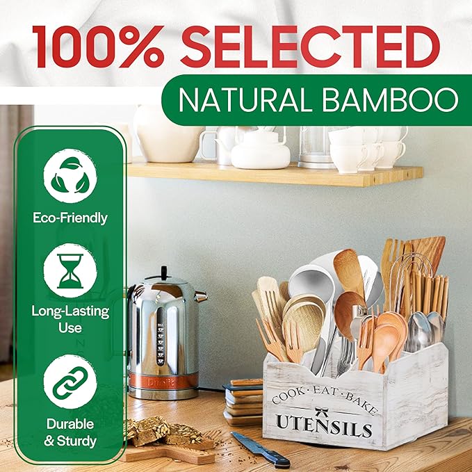 [Upgraded] Extra Large Kitchen Utensil Holder for Countertop with 360° Rotating Base, 6 Compartments, Removable Divider, Bamboo Utensil Organizer for Countertop, Farmhouse Kitchen Decor