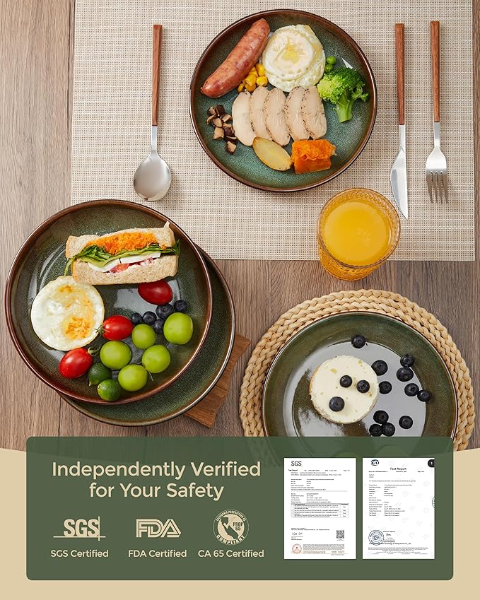 Ceramic Salad Plates Set of 6, 8.0 Inch Reactive Glaze Dish Set, Small Dinner Plate for Dessert, Salad, Appetizer, Microwave & Dishwasher Safe, Scratch Resistant-Brown and Green