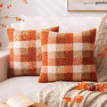 Orange Plaid Fall Throw Pillow Covers 20x20 Inch Set of 2, Boucle Decorative Pillow Covers,Cozy Fluffy Home Living Room Farmhouse Decor for Sofa Couch Bed