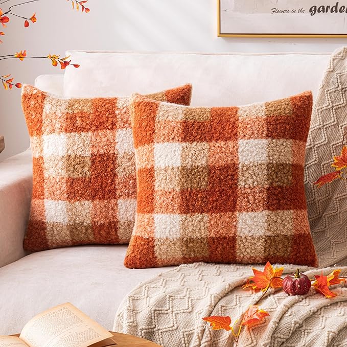 Orange Plaid Fall Throw Pillow Covers 24x24 Inch Set of 2, Boucle Decorative Pillow Covers,Cozy Fluffy Home Living Room Farmhouse Decor for Sofa Couch Bed