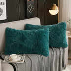 WERDIM Shaggy Fluffy Faux Fur Pillowcases 2 Pack Button Closure Velvet Pillow Shams Standard/Queen Size (Teal Green, 20 X 26 Inches)