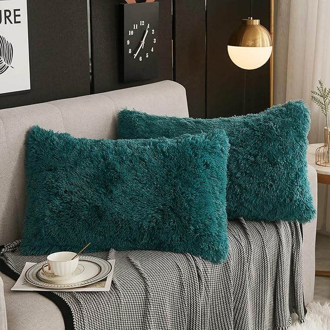WERDIM Shaggy Fluffy Faux Fur Pillowcases 2 Pack Button Closure Velvet Pillow Shams Standard/Queen Size (Teal Green, 20 X 26 Inches)