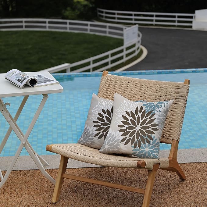 DFXSZ Brown Blue Flower Pillow Covers 20x20 Inch Set of 2 Summer Outdoor Waterproof Decor for Home Patio Funiture Garden Living Room Cushion Cover 002F20