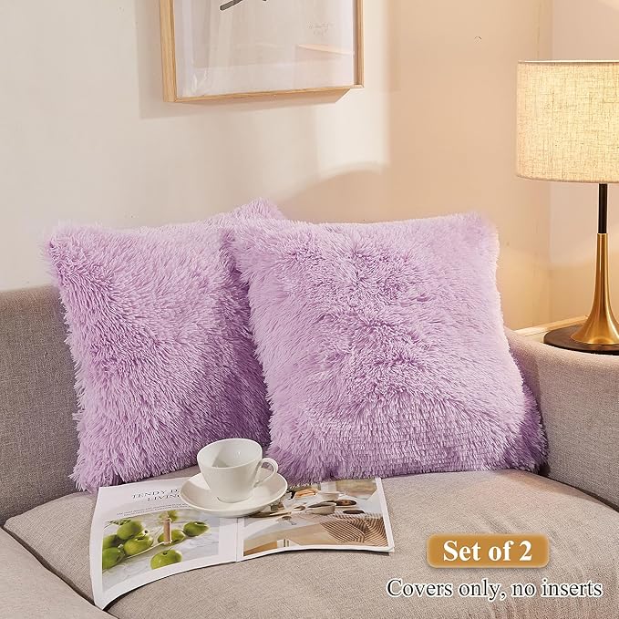 XeGe Faux Fur Lavender Throw Pillow Covers, Shaggy Fluffy Cushion Covers, Plush Furry Pillow Cases, Fuzzy Decorative Pillow Shams Zipper Set of 2 Sofa Bed Couch Living Room (18''x18'', Orchid Tint)