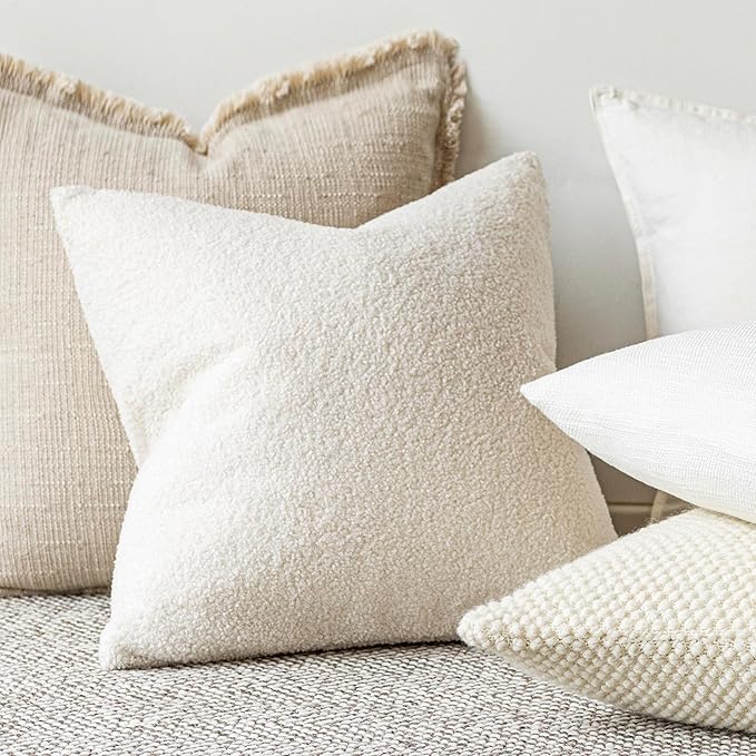 Foindtower Pack of 2, Curly Faux Fur Decorative Throw Pillow Covers Soft Neutral Plush Cushion Case with Zipper Cozy Pillowcase for Home Living Room Couch Bed Sofa 16 x 16 Inch, Cream White